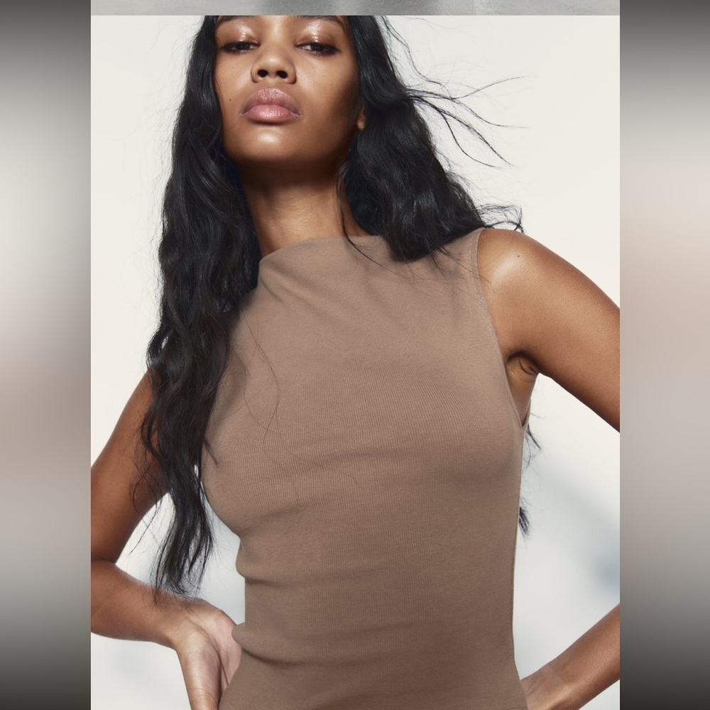 Zara Sleeveless mock neck cropped top slim fit. Tan/ mink color size large.